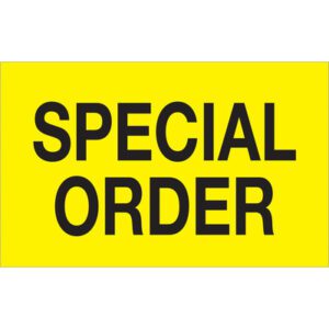 A bold black SPECIAL ORDER message on fluorescent yellow resembles MH-USA 1 1/4 x 2 labels, available in rolls of 500, ideal for making important orders unmissable.