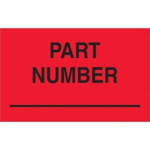 The MH-USA 1 1/4 x 2 fluorescent red labels feature the black text PART NUMBER with a horizontal black line below. Available in rolls of 500, they ensure you have plenty on hand for your needs.