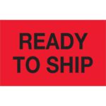 The MH-USA 1 1/4 x 2 fluorescent red Ready To Ship labels (500/roll) feature a vibrant red background with bold black text, making your packages prominent and ready for quick dispatch.