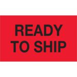 The MH-USA 3 x 5 Ready To Ship labels in fluorescent red feature bold black text. Ideal for visibility and efficiency, these vibrant markers come in a roll of 500, perfect for enhancing packaging tasks.