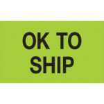 The MH-USA 3 x 5 fluorescent green labels display OK To Ship, ideal for shipping needs, with 500 labels per roll.