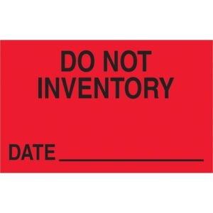 The MH-USA 1 1/4 x 2 labels in fluorescent red feature bold DO NOT INVENTORY text with a DATE line for entries, available in rolls of 500 for all your organizational needs.