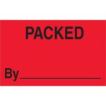 The MH-USA 1 1/4 x 2 Packed By fluorescent red labels feature bold black PACKED text and a blank line for customization. This roll includes 500 labels, ensuring you’re well-prepared for your packaging needs.