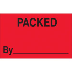 The MH-USA 1 1/4 x 2 Packed By fluorescent red labels feature bold black PACKED text and a blank line for customization. This roll includes 500 labels, ensuring you’re well-prepared for your packaging needs.