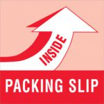 A graphic shows a large upward red arrow marked INSIDE above a red rectangle with bold white PACKING SLIP text. The light pink background of the MH-USA 4 x 4 - Packing Slip Inside Labels (500/Roll) complements the design perfectly.