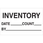 The MH-USA 1 1/4 x 2 labels feature INVENTORY in bold black with sections labeled DATE, COUNT, and BY for data entry, available in rolls of 500 for streamlined inventory management.