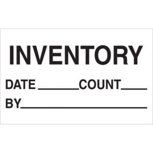 The MH-USA 1 1/4 x 2 labels feature INVENTORY in bold black with sections labeled DATE, COUNT, and BY for data entry, available in rolls of 500 for streamlined inventory management.