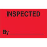 The MH-USA 1 1/4 x 2 fluorescent red labels prominently display Inspected in black with a blank line below the word By for an inspectors name or signature, and each roll contains 500 labels.