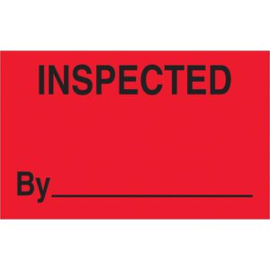 The MH-USA 1 1/4 x 2 fluorescent red labels prominently display Inspected in black with a blank line below the word By for an inspectors name or signature, and each roll contains 500 labels.