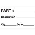 The MH-USA 1 1/4 x 2 labels (500/roll) feature a white background with black text, including blanks for PART #, Description, Qty, and Date. Theyre ideal for efficiently organizing or recording item details.