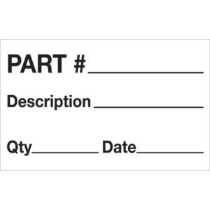The MH-USA 1 1/4 x 2 labels (500/roll) feature a white background with black text, including blanks for PART #, Description, Qty, and Date. Theyre ideal for efficiently organizing or recording item details.