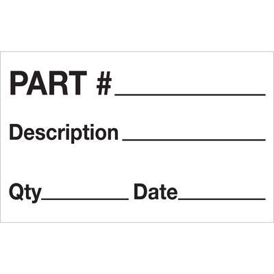 DL1183.jpg The MH-USA 1 1/4 x 2 labels (500/roll) feature a white background with black text, including blanks for PART #, Description, Qty, and Date. Theyre ideal for efficiently organizing or recording item details.