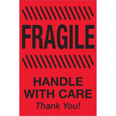 DL1186.jpg The MH-USA 4 x 6 fluorescent red labels feature bold black text with FRAGILE on top, HANDLE WITH CARE in the center, and Thank You! at the bottom. Diagonal lines accompany FRAGILE, and each roll contains 500 labels.