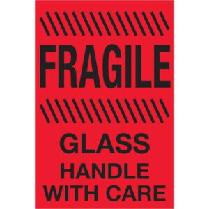MH-USA 4 x 6 fluorescent red labels with bold FRAGILE text and diagonal accents feature GLASS HANDLE WITH CARE below, ensuring your items are noticed and protected. (500 labels per roll).