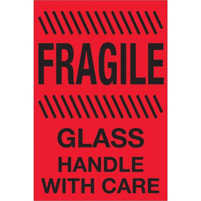 DL1188.jpg MH-USA 4 x 6 fluorescent red labels with bold FRAGILE text and diagonal accents feature GLASS HANDLE WITH CARE below, ensuring your items are noticed and protected. (500 labels per roll).