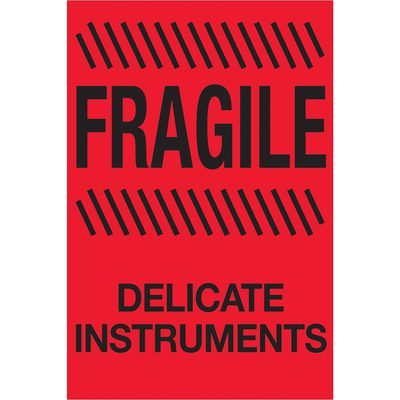 DL1189.jpg A fluorescent red sign with bold black text reads FRAGILE at the top, framed by diagonal lines, and warns of DELICATE INSTRUMENTS below. It resembles MH-USA 4 x 6 labels—Fluorescent Red: Fragile - Delicate Instruments, available in rolls of 500.