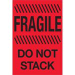 A fluorescent red sign with black text FRAGILE and DO NOT STACK at the top and bottom, plus diagonal stripes, resembles MH-USA 4 x 6 - Fragile - Do Not Stack (Fluorescent Red) Labels, available as 500 per roll.
