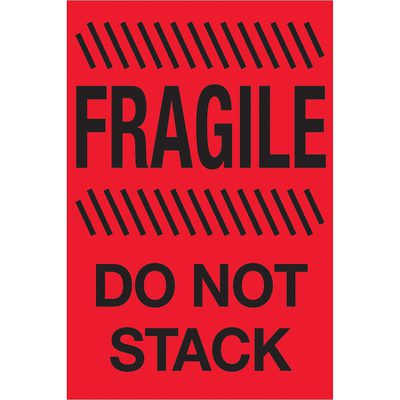 DL1192.jpg A fluorescent red sign with black text FRAGILE and DO NOT STACK at the top and bottom, plus diagonal stripes, resembles MH-USA 4 x 6 - Fragile - Do Not Stack (Fluorescent Red) Labels, available as 500 per roll.