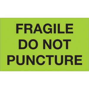 MH-USA 3 x 5 fluorescent green labels display bold black text: Fragile - Do Not Puncture. Each roll includes 500 labels, perfect for clear packaging warnings.