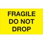 The MH-USA 3 x 5 labels feature a fluorescent yellow color with bold black Fragile - Do Not Drop text and come in rolls of 500.