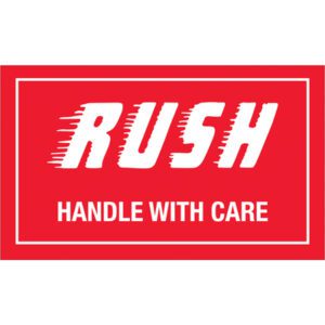 The MH-USA 3 x 5 Rush - Handle With Care labels feature RUSH in bold white letters with speed streaks and HANDLE WITH CARE beneath, all on a striking red background with a white border. Each roll contains 500 labels.
