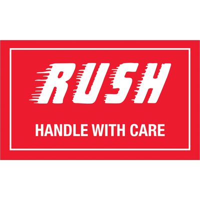 DL1200.jpg The MH-USA 3 x 5 Rush - Handle With Care labels feature RUSH in bold white letters with speed streaks and HANDLE WITH CARE beneath, all on a striking red background with a white border. Each roll contains 500 labels.