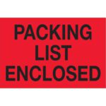 The MH-USA 2 x 3 labels are fluorescent red, boldly stating Packing List Enclosed in black text. Each roll contains 500 labels, ideal for organizing and clearly marking shipments.