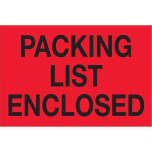 The MH-USA 2 x 3 labels are fluorescent red, boldly stating Packing List Enclosed in black text. Each roll contains 500 labels, ideal for organizing and clearly marking shipments.