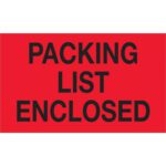 The MH-USA 3 x 5 fluorescent red labels with bold black Packing List Enclosed text ensure visibility and come in rolls of 500 for all packaging needs.