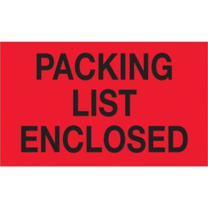 The MH-USA 3 x 5 fluorescent red labels with bold black Packing List Enclosed text ensure visibility and come in rolls of 500 for all packaging needs.