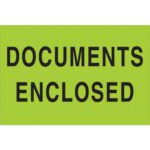 The MH-USA 2 x 3 fluorescent green labels feature bold black text reading DOCUMENTS ENCLOSED and come in a roll of 500 to securely mark your documents.