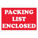 The MH-USA 2 x 3 Packing List Enclosed labels in red with white text come in rolls of 500, ensuring an organized packing process.