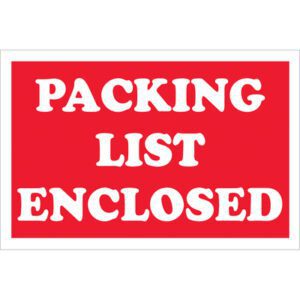 The MH-USA 2 x 3 Packing List Enclosed labels in red with white text come in rolls of 500, ensuring an organized packing process.