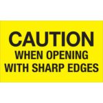 The MH-USA 3 x 5 fluorescent yellow labels boldly state Caution When Opening With Sharp Edges and come in a convenient roll of 500, ensuring safety is always prioritized.