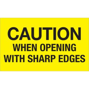 The MH-USA 3 x 5 fluorescent yellow labels boldly state Caution When Opening With Sharp Edges and come in a convenient roll of 500, ensuring safety is always prioritized.