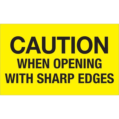 DL1224.jpg The MH-USA 3 x 5 fluorescent yellow labels boldly state Caution When Opening With Sharp Edges and come in a convenient roll of 500, ensuring safety is always prioritized.