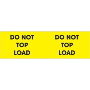 The MH-USA 3 x 10 Do Not Top Load (Fluorescent Yellow) Labels feature a yellow label with repeating black text: DO NOT TOP LOAD. Each roll contains 500 labels to ensure proper handling.