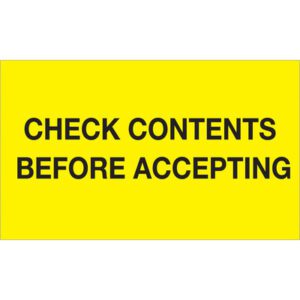 The MH-USA 3 x 5 fluorescent yellow labels, with bold black text reading Check Contents Before Accepting, come in convenient rolls of 500.