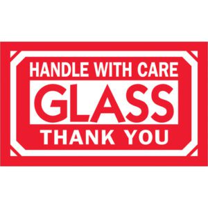 The MH-USA 3 x 5 roll includes 500 red and white labels reading HANDLE WITH CARE GLASS THANK YOU, ideal for ensuring the safety of fragile items during shipping.