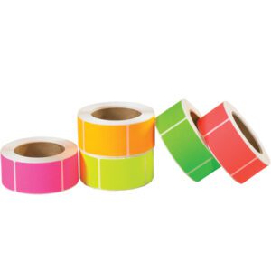 Stacks of vibrant MH-USA 2 x 3 Fluorescent Packs Inventory Rectangle Labels (5000/Case) in pink, orange, lime green, and neon green are arranged neatly. Each roll has eye-catching rectangular labels with a crisp white border—ideal for adding flair to any project.