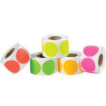 Five rolls of MH-USA 1 Fluorescent Packs, featuring inventory circles in green, pink, orange, yellow, and red. Each pack has 5000 stickers per case in vivid hues.