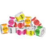 The MH-USA 2 Circle Easy Order Packs include 12 rolls, each with 500 vibrant stickers displaying bold month abbreviations like pink for August or green for May, ensuring effortless organization with all months represented in distinct colors.