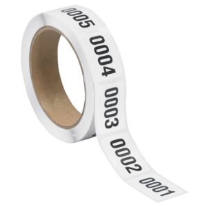 Roll of MH-USA 1 x 1 1/2 labels with black numbers from 0001 to 0500 on white, neatly wound around a cardboard core.