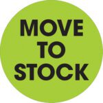 The MOVE TO STOCK text in bold black sits on a fluorescent green 2 circle, part of the MH-USA collection. These vibrant labels come in rolls of 500.