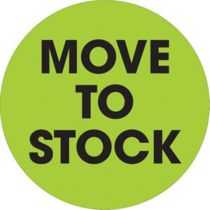 The MOVE TO STOCK text in bold black sits on a fluorescent green 2 circle, part of the MH-USA collection. These vibrant labels come in rolls of 500.