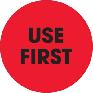 A vibrant red circle, featuring the bold black phrase USE FIRST, similar to MH-USA 2 Circle - Use First Fluorescent Red Labels (500/Roll), grabs immediate attention.