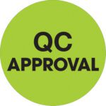 A bold fluorescent green circle with QC APPROVAL in black letters reflects the style of MH-USAs 1 Circle - QC Approval Fluorescent Green Labels (500/Roll).