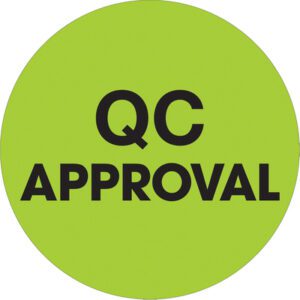 A vibrant circular badge, like the MH-USA 2 Circle - QC Approval Fluorescent Green Labels, prominently features QC APPROVAL in bold black text.