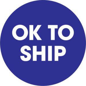 A blue circle displays the white text OK TO SHIP at its center, designed similarly to MH-USAs 2 Circle - OK To Ship Blue Labels (500/Roll).