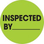 A green circle with bold black INSPECTED BY text and a blank line for writing. MH-USA 2 Circle - Inspected By Fluorescent Green Labels come in rolls of 500, ensuring ample supply.